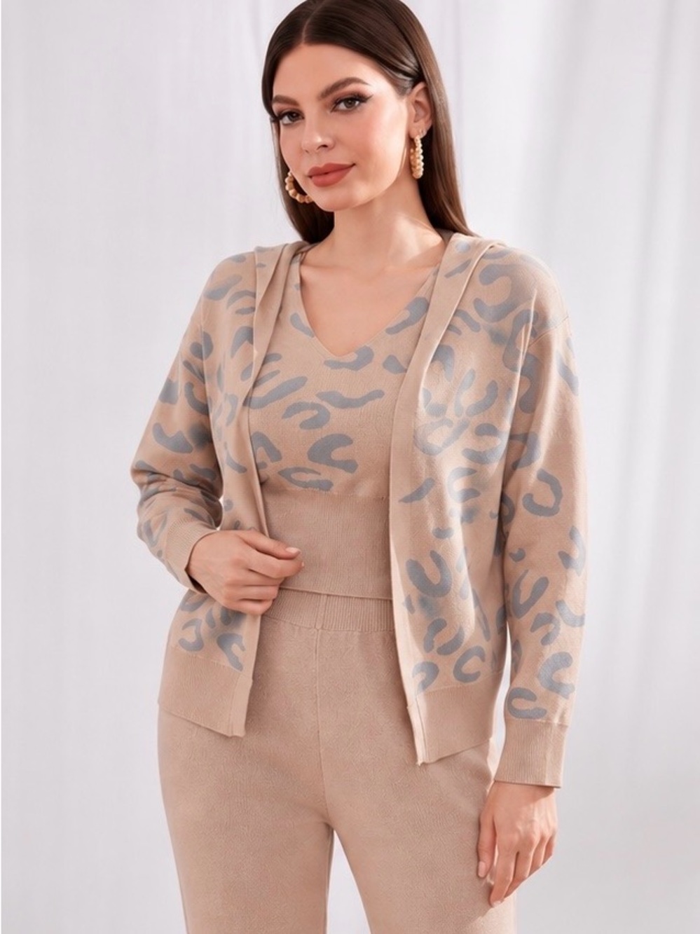 Soft Beige Animal-Print Knit Cardigan and Tank with Pant Set